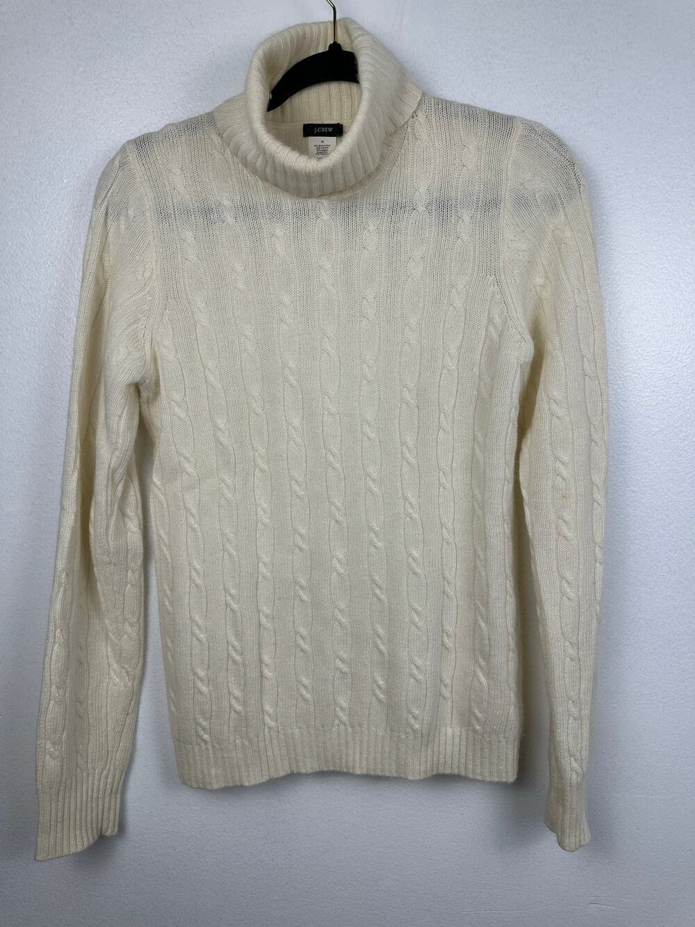 J.Crew Women's Medium Cream Cable Knit Turtleneck Sweater Merino Cashmere angora